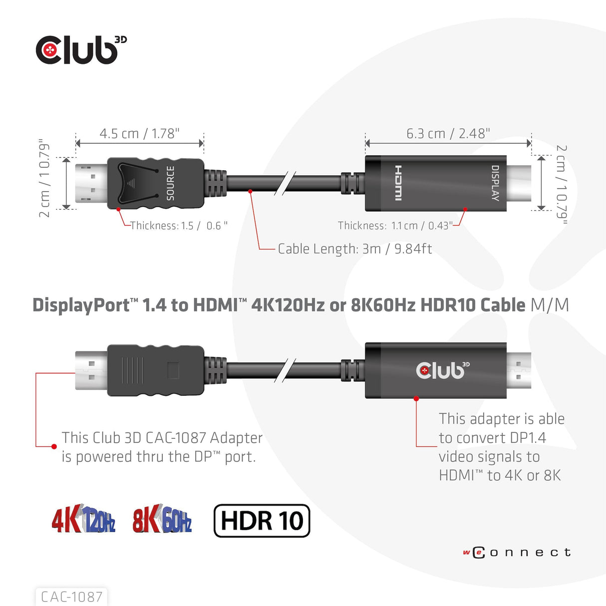 EAN 8719214472436 - CLUB3D CAC-1087 adaptador de cable de vídeo 3 m DisplayPort HDMI Negro imagen 4