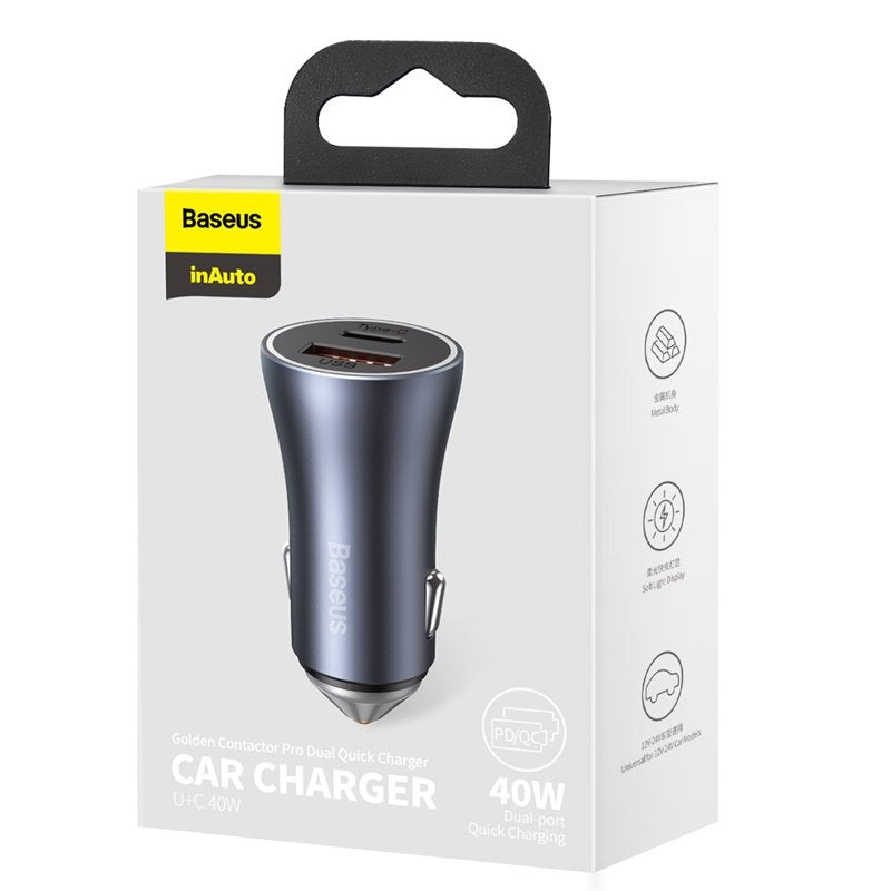 Baseus Car Charger Golden Contactor Pro Dual Quick Charger U+C Power Delivery 3.0 Quick Charge 4, Scp Fcp Afc 40w Dark Gray (Ccjd-0g)