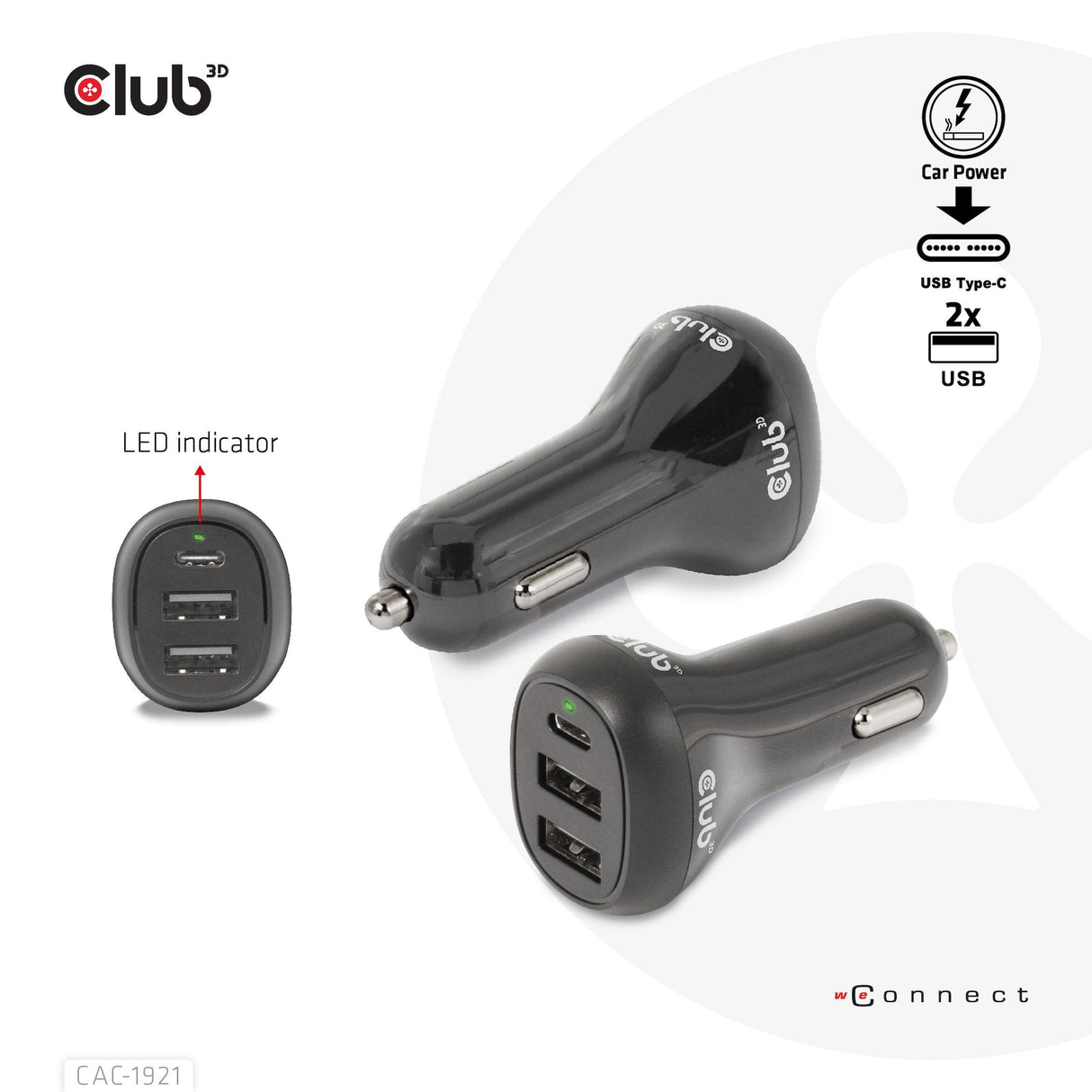 Cargador De Coche Usb Club3d 1xusb C, 2xusb A, 36w, 12 24v
