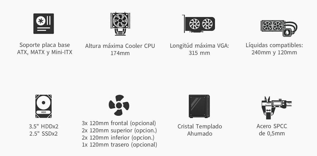 Coolbox Caja Atx Ga700 Darkside Gpu Max 315mm Cristal Templado Liquida 240mm Usb-C Negra