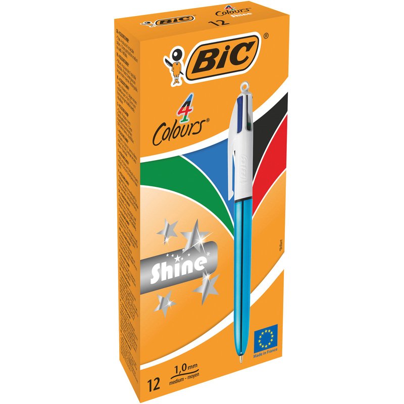 Bic Bolígrafo Shine Silver Tinta 4 Colores Cuerpo Blanco/Azul Metálico Caja -12u-