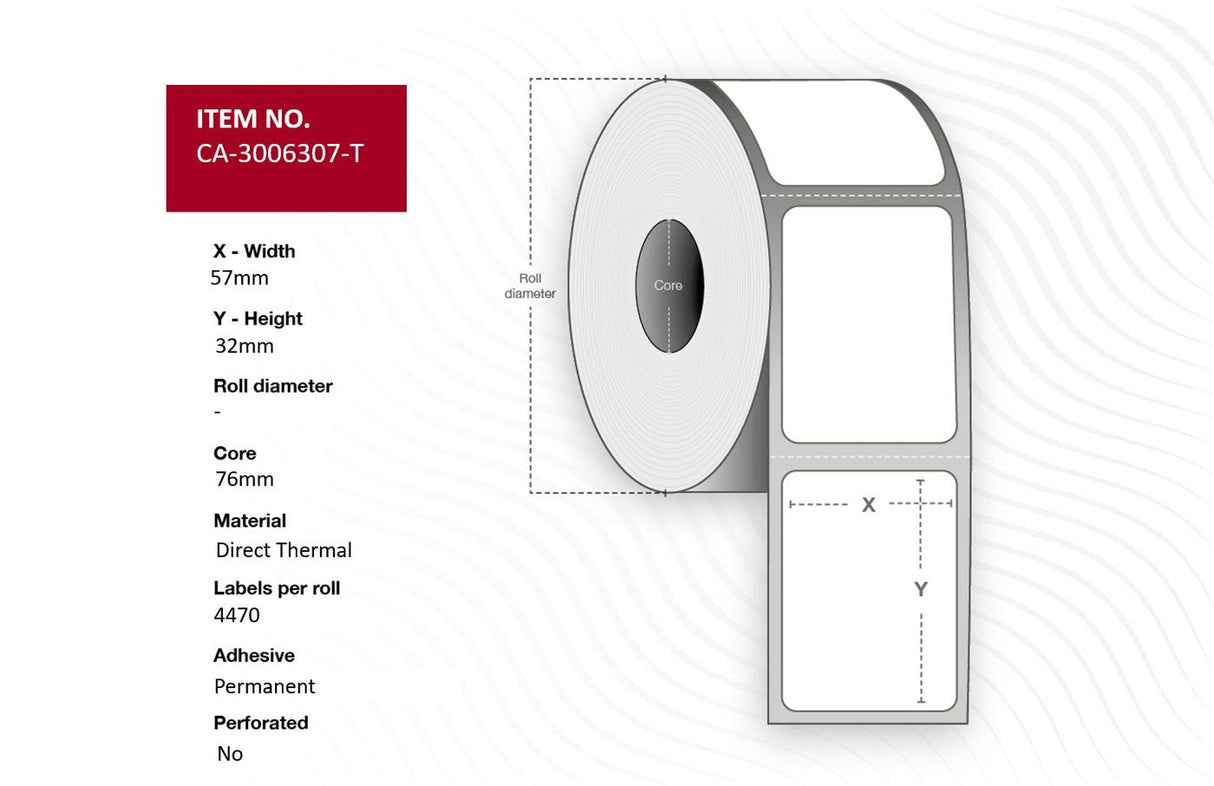 Label 57 X 32mm, Core 76mm, Direct Thermal, Uncoated,
