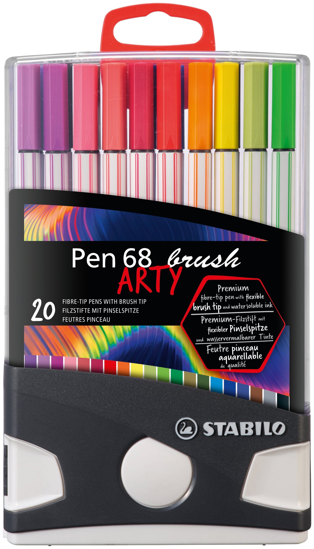 Stabilo Pen 68 Brush Arty Caja De Plastico Rigida Con 30 Rotuladores - Punta De Pincel - Tinta A Base De Agua - Colores