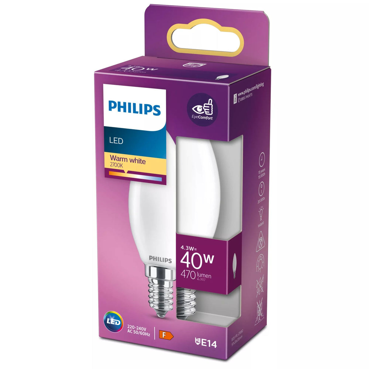 Signify Philips - Lámpara Led - Form: B35 - Mate Finish - E14 - 4.3 W (Equivalente 40 W)