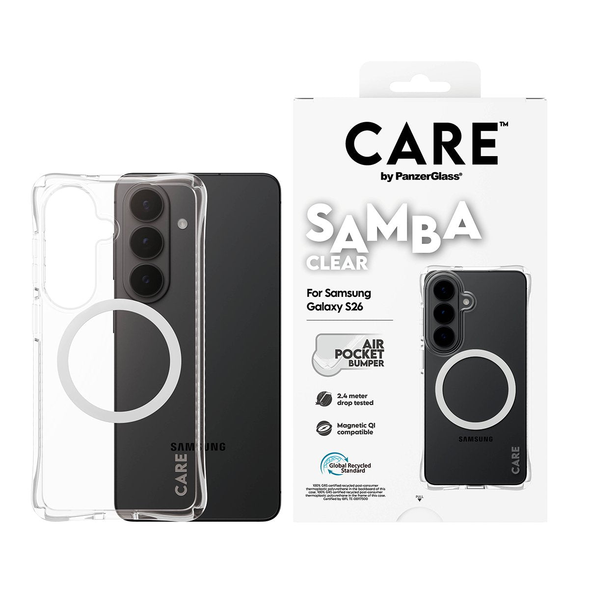 Panzerglass Care By ® Samba Case Transparente M. Blanco Qi Samsung Galaxy S26, Cover, Samsung, Samsung - Galaxy S26, 16 Cm (6.3"), Transparente