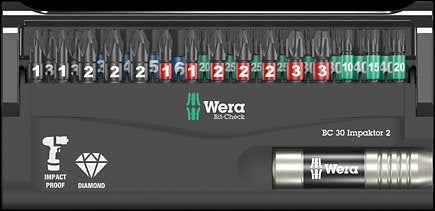 Wera Bit-Check 30 Impaktor 2, 1/4", Juego De Puntas Con Revestimiento De Diamante De 30 Piezas, Extremadamente Resistente 5057697001