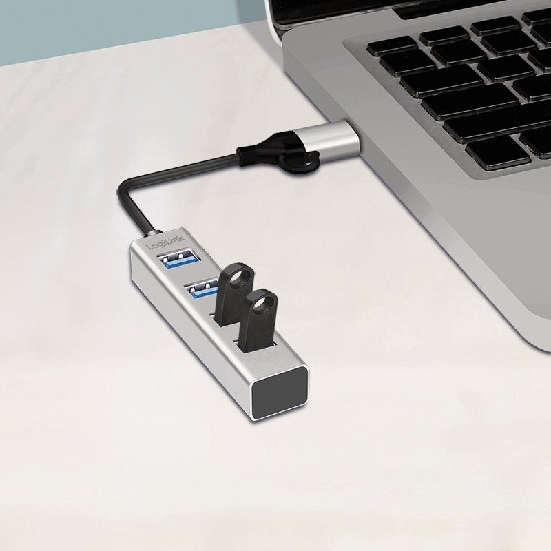 Hub Usb 3.0, 4x Usb-A, 5 Gbit/S, Cable De Conexión 2 En 1, Plateado