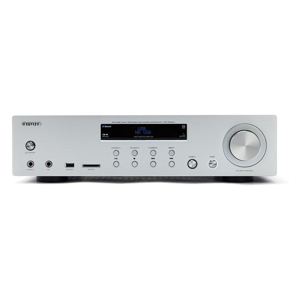 Amplificador Aiwa Amu-120bt Plata 2xcanales/Chasis Metal/2xout 60w/Bt 5.0/Usb/Sd Amu-120btsr