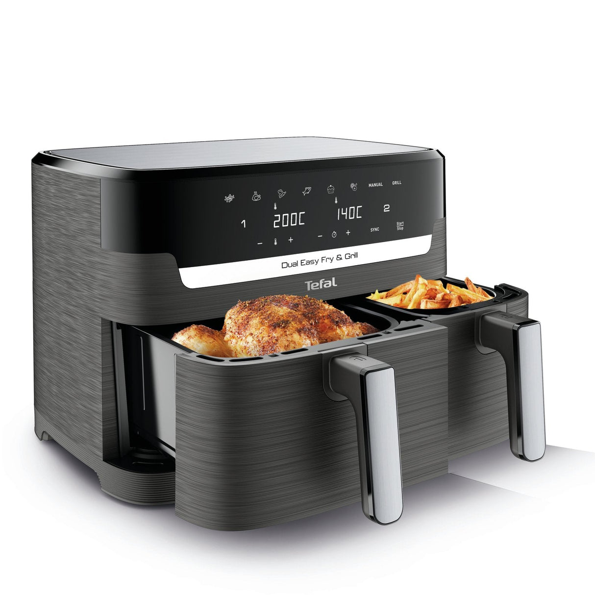 Freidora De Aire Caliente Doble Tefal Dual Easy Fry & Grill Negra, 2.700 Vatios, 2 Cestos 5,2 Litros + 3,1 Litros Ey905b