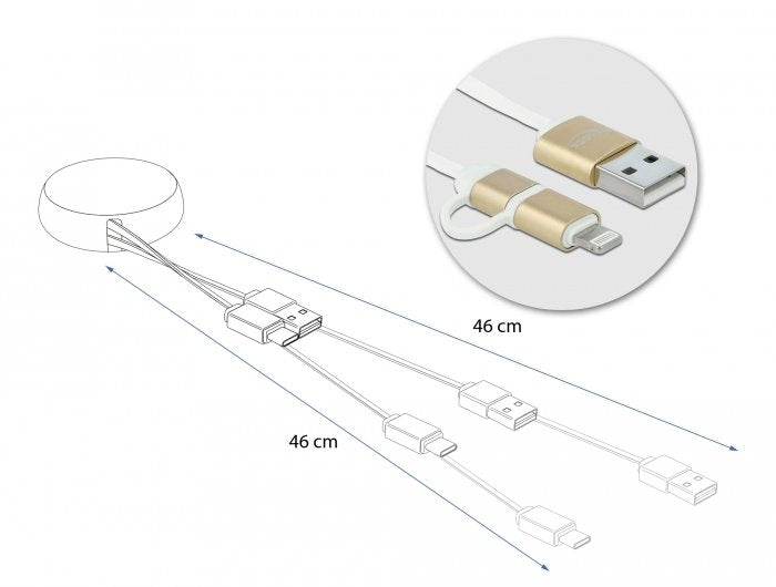 Delock Usb 2 In 1 Aufrollcable Typ-A Zu Micro-B Und Lightning Weiss Gold