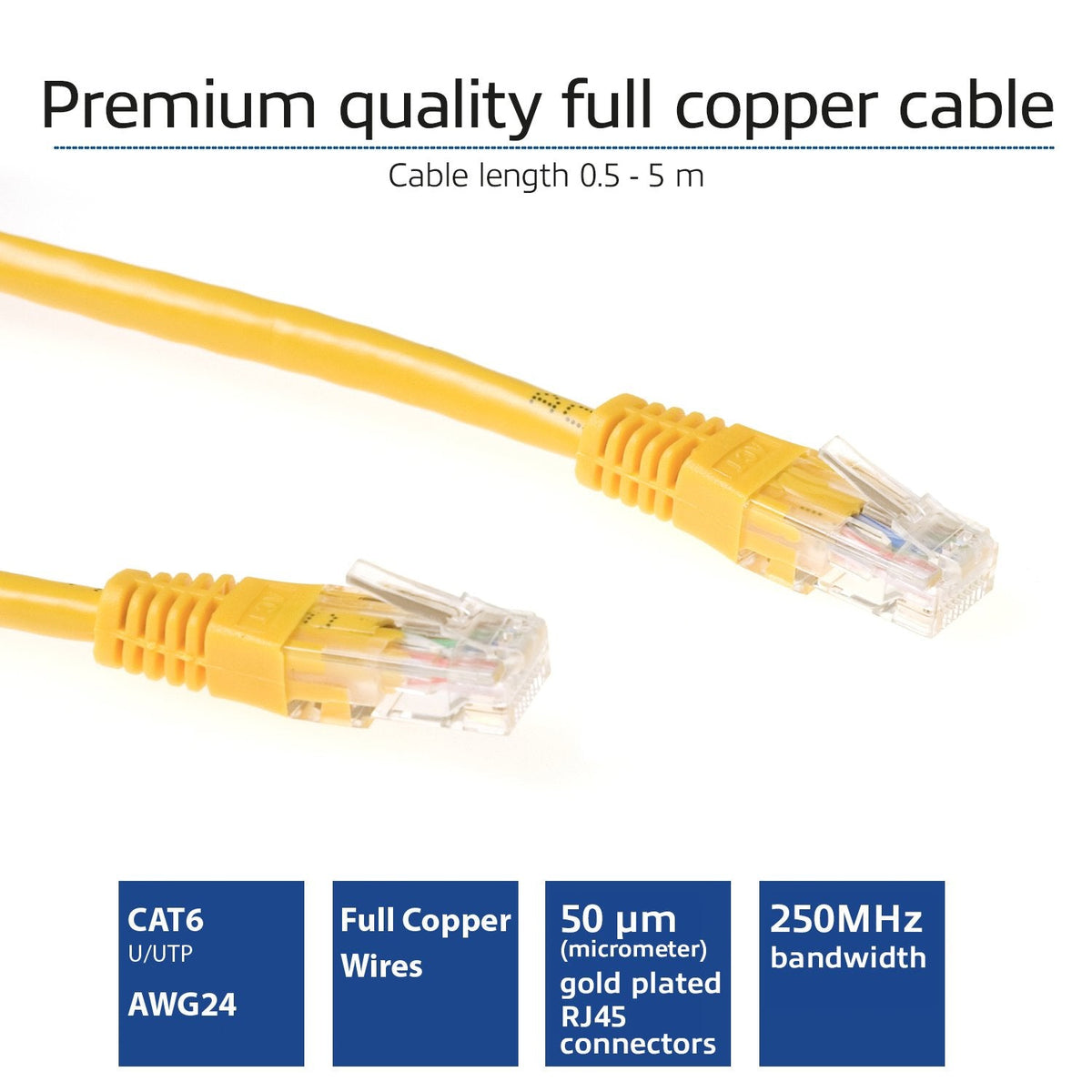 Latiguillo Cat 6, U-Utp, 0.50 M, Amarillo, Pvc, Contactos Rj-45 50? Oro. Act