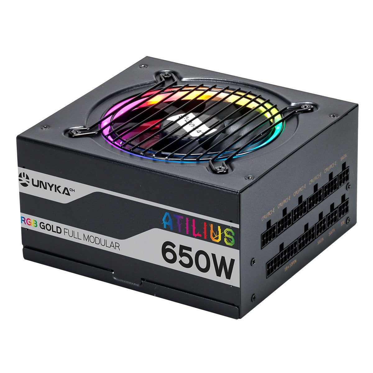 Fuente De Alimentación Unyka Atilius Rgb Atx 650w Black Cableado Modular Apfc Activo Eficiencia Energetica 90% Ventilador Rgb 120mm Ultra Silencioso