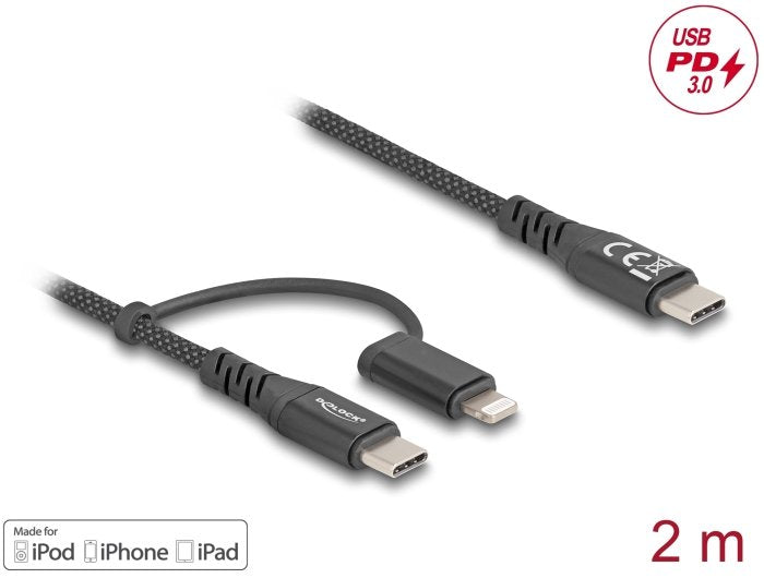 Delock Cable Usb 2 En 1 Usb Type-C A Usb Type-C / Lightning Para Iphone Y Ipad 2 M Mfi 60 W