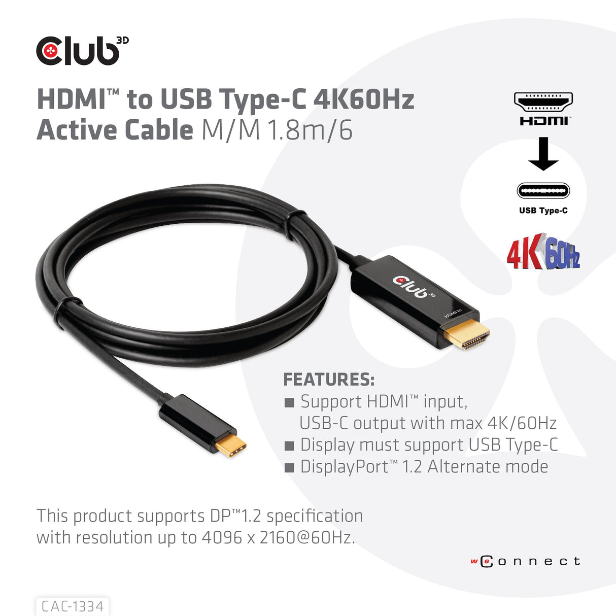 EAN 8719214472054 - CLUB3D CAC-1334 adaptador de cable de vídeo 1,8 m HDMI tipo A (Estándar) USB Tipo C Negro imagen 3