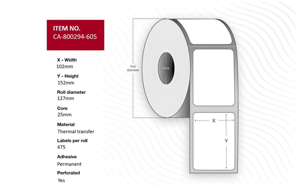Label 102 X 152mm, Core 25mm, Thermal Transfer, Uncoated,