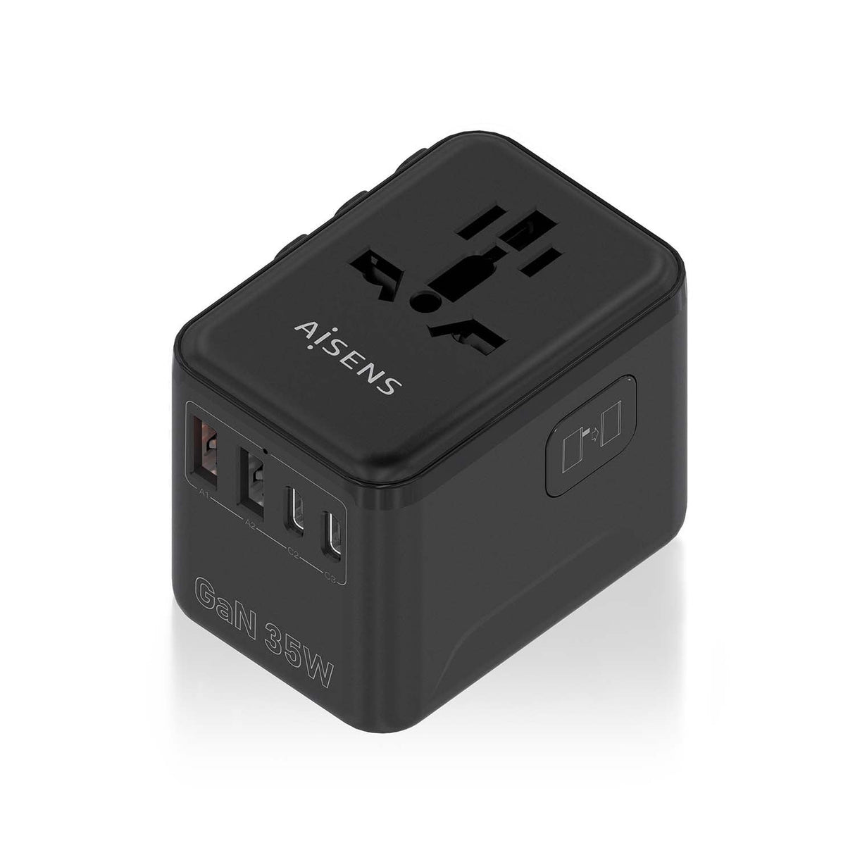 Aisens Adaptador Enchufe Universal Para Viaje Eu/Usa/Uk/Au Con Cargador Usb Gan, 2xusb-A (A1 Qc3.0), 3xusb-C (C1 Pd3.0) 35w, Negro