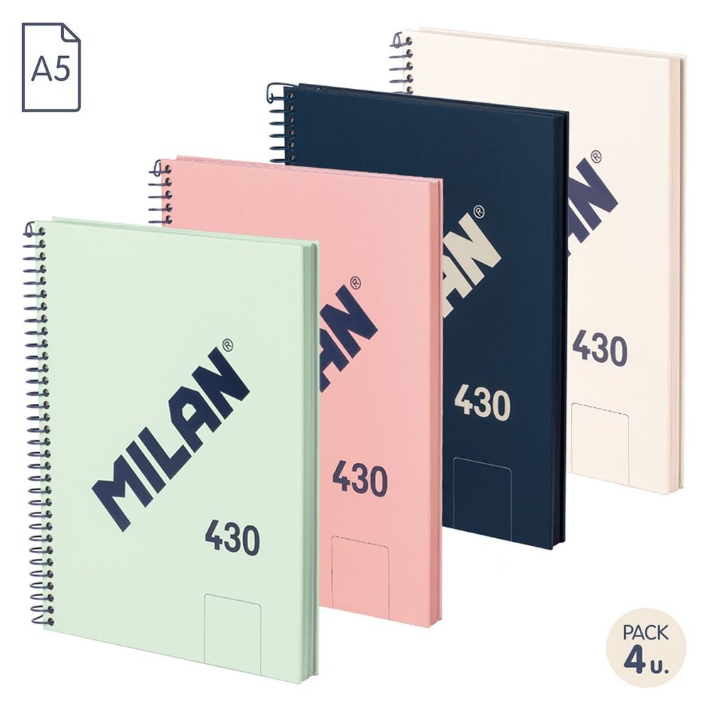Milan Libreta Con Espiral A5 80 Hojas 95gr Papel Blanco Serie 1918 Pack 4 Colores Surtidos