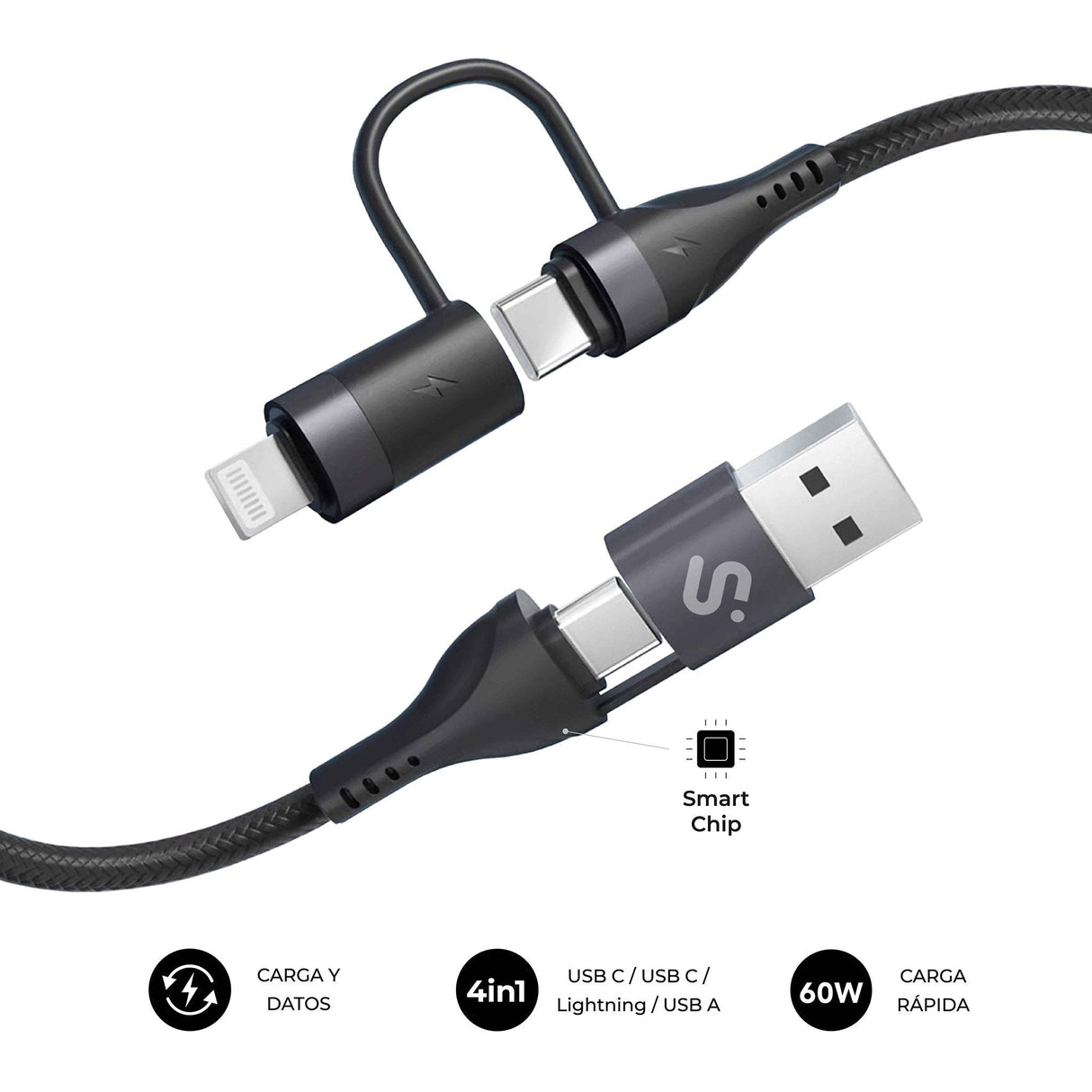 Cable Top 4 En 1 60w Usb-A/2xusb-C/Lightning 1 M Negro Subblim 60w/ Longitud: 1m/ Cable 4 En 1 (Usb-A/C-C/Lightning/ Pd 3.0