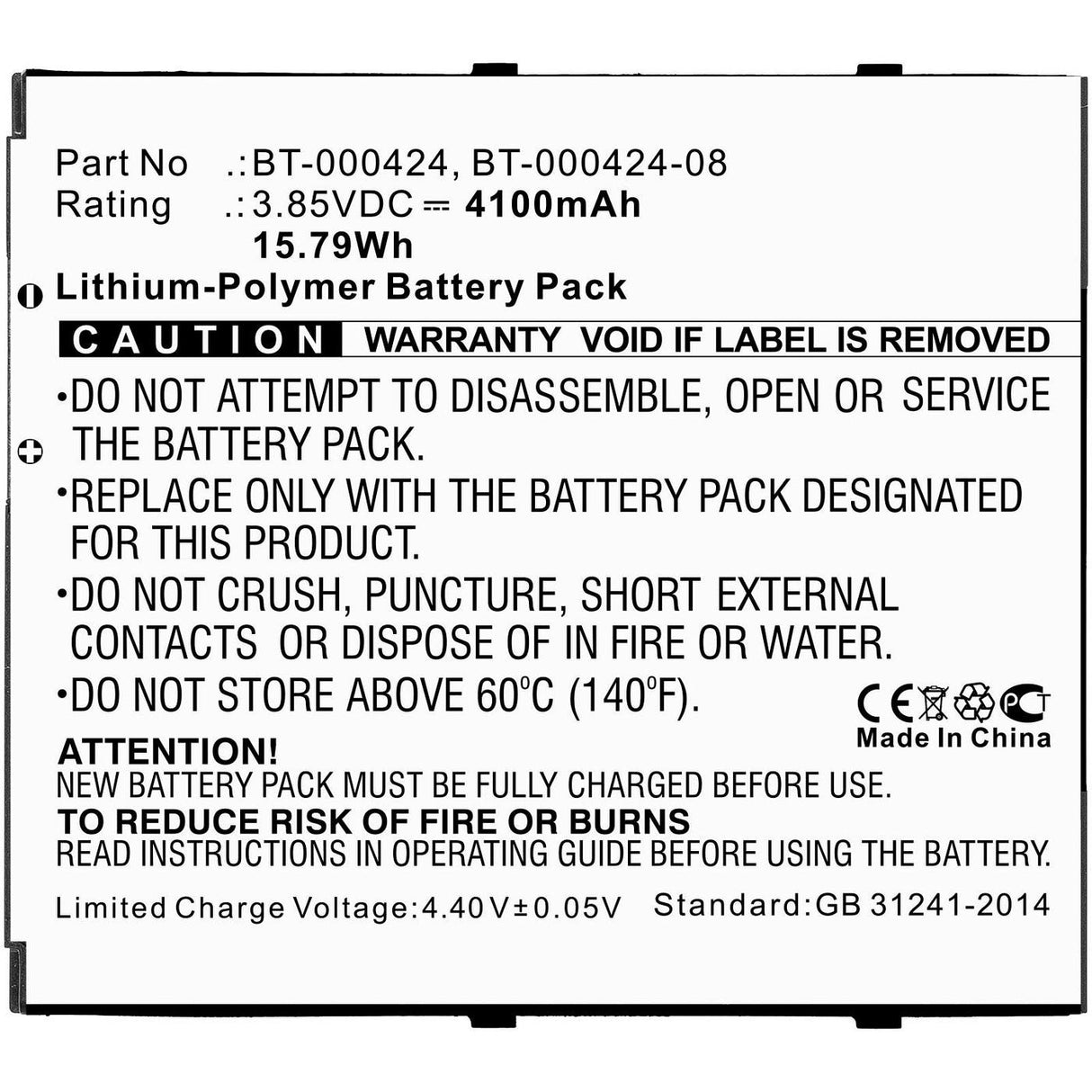 Battery 15.79wh Li-Polymer 3.85v 4100mah For Barcode