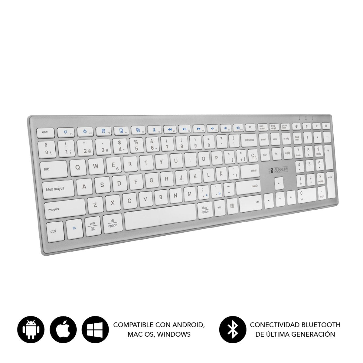 Teclado Español Pure Extended Silver Subblim Bluetooth 5.1/ Multidispositivo Hasta 3 Dispositivos