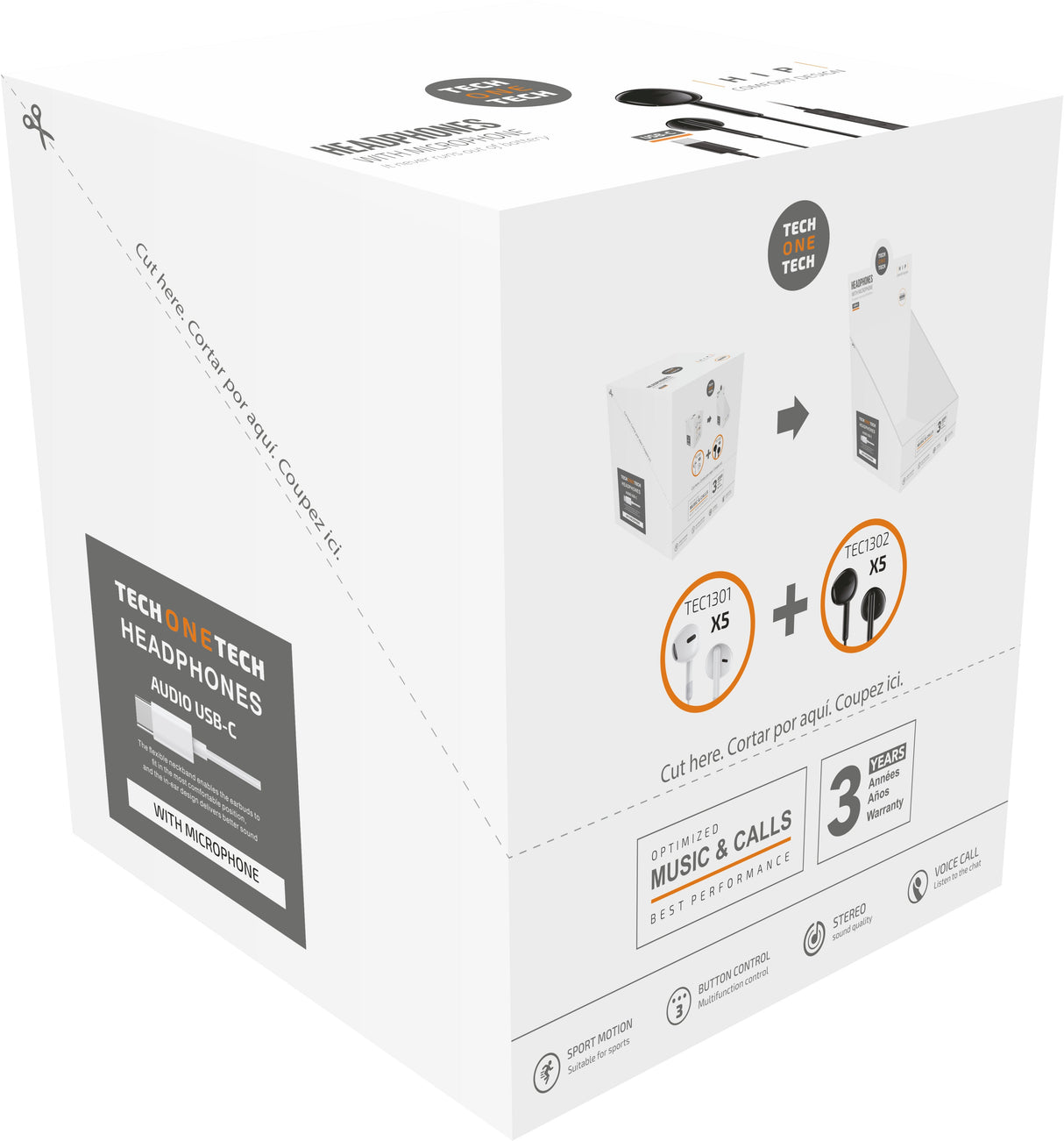 EAN 8436546594291 - TECH ONE TECH TEC1303 auricular y casco Alámbrico Dentro de oído Llamadas/Música USB Tipo C Negro, Blanco imagen 2