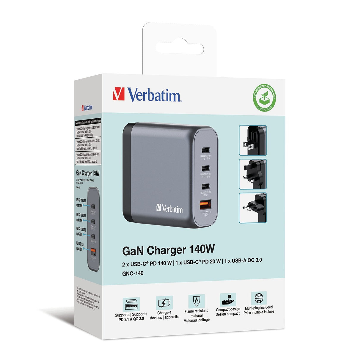 Cargador Verbatim Gan 140w, 1x Usb-A, 3x Usb-C Gris, Pd 3.1, Pd 3.0, Qc 3.0 32203
