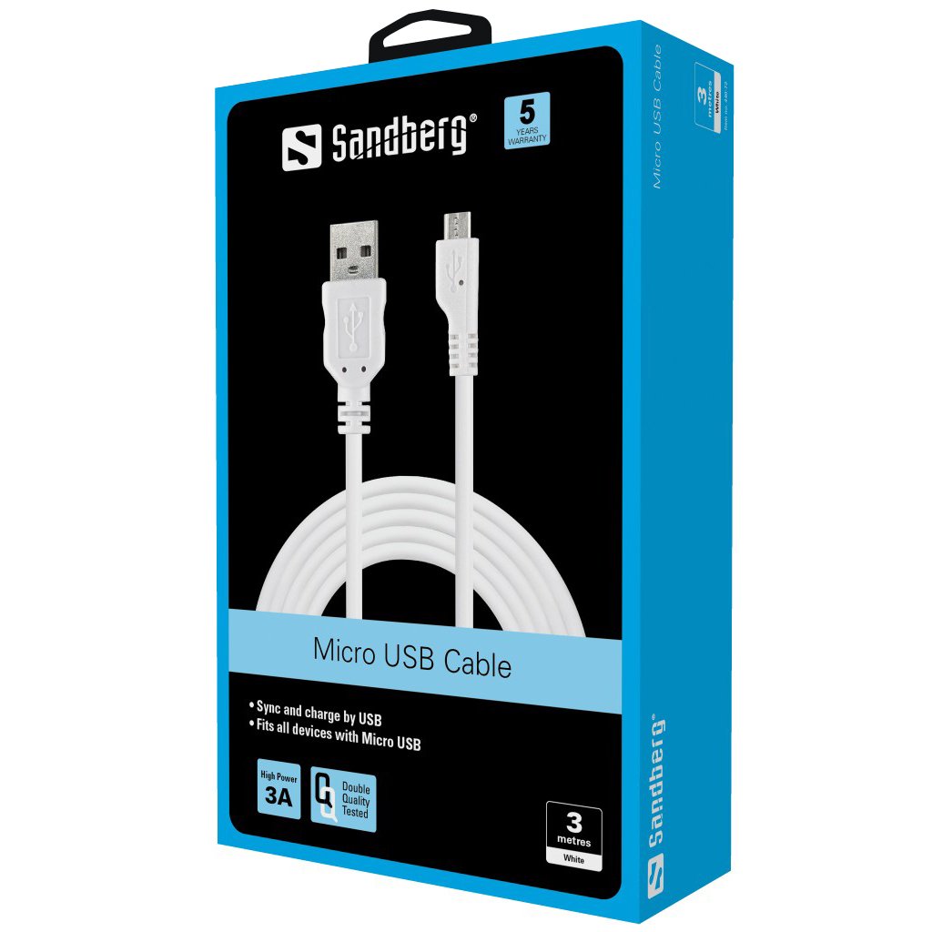 Sandberg Microusb Sycn / Charge Cable 3m Blanco