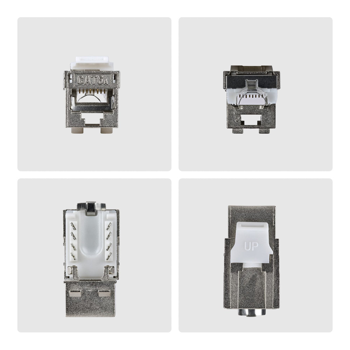 Startech.Com Geschirmtes Cat6a Keystone Jack Módulo, Pack De 10 Rj45 Ethernet Conector Hembra, Stp Cat6a Wandbuchse, 90 Grad, Sin Herramientas, Acodado, Plateado, Rj-45, Conector Hembra, Conector Hembra, 10gbase-T
