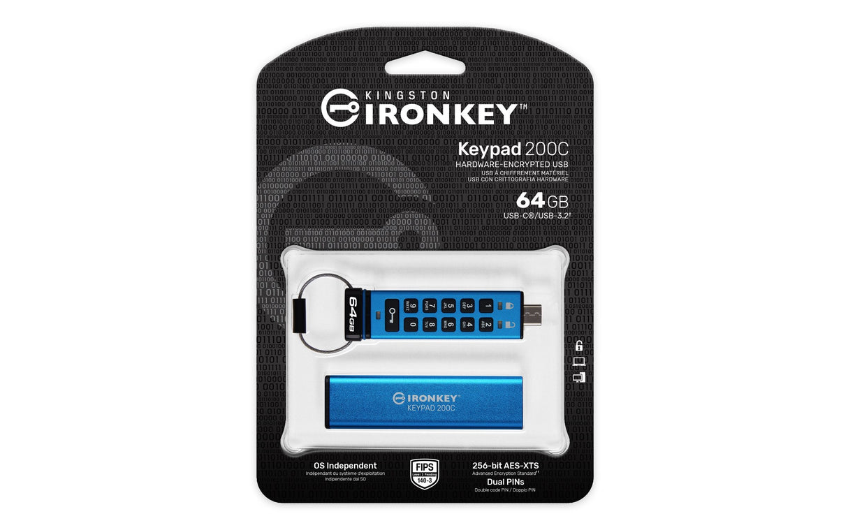Pendrive Kingston Ironkey Keypad 200 64gb Usb-C Aes Encrypted Ikkp200c/64gb