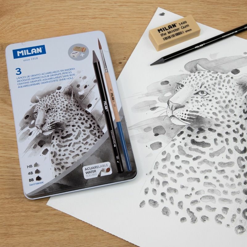 Milan Lápices Grafito Acuarelable Sin Madera 3 (Hb/4b/8b) + 1 Sacapuntas + 1 Goma + 1 Pincel En Caja Metálica