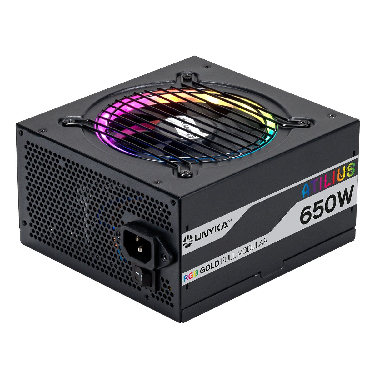 Fuente De Alimentación Unyka Atilius Rgb Atx 650w Black Cableado Modular Apfc Activo Eficiencia Energetica 90% Ventilador Rgb 120mm Ultra Silencioso