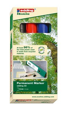 Edding 22 Ecoline Pack De 4 Rotuladores Permanentes - Punta Biselada - Trazo Entre 1 Y 5mm - 90% De Plastico Reciclado