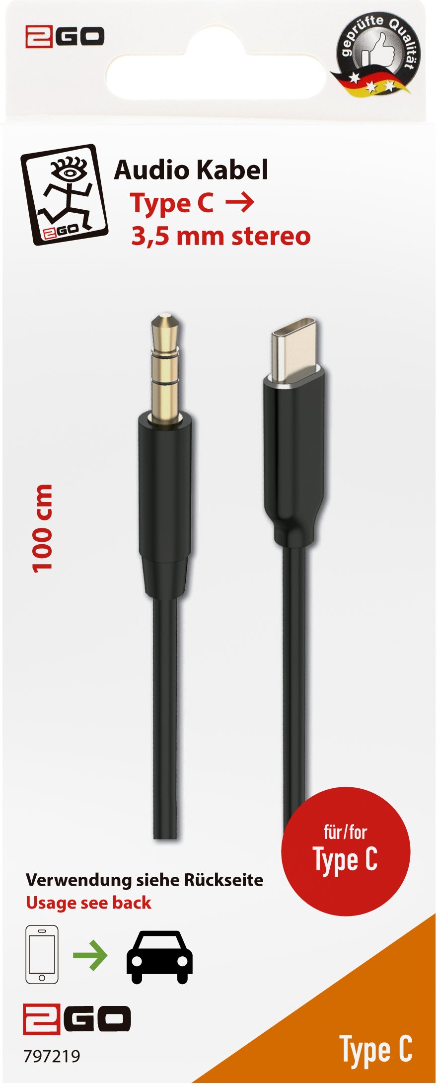 2go 797219 Cable De Audio 1 M 3,5mm Usb Tipo C Negro