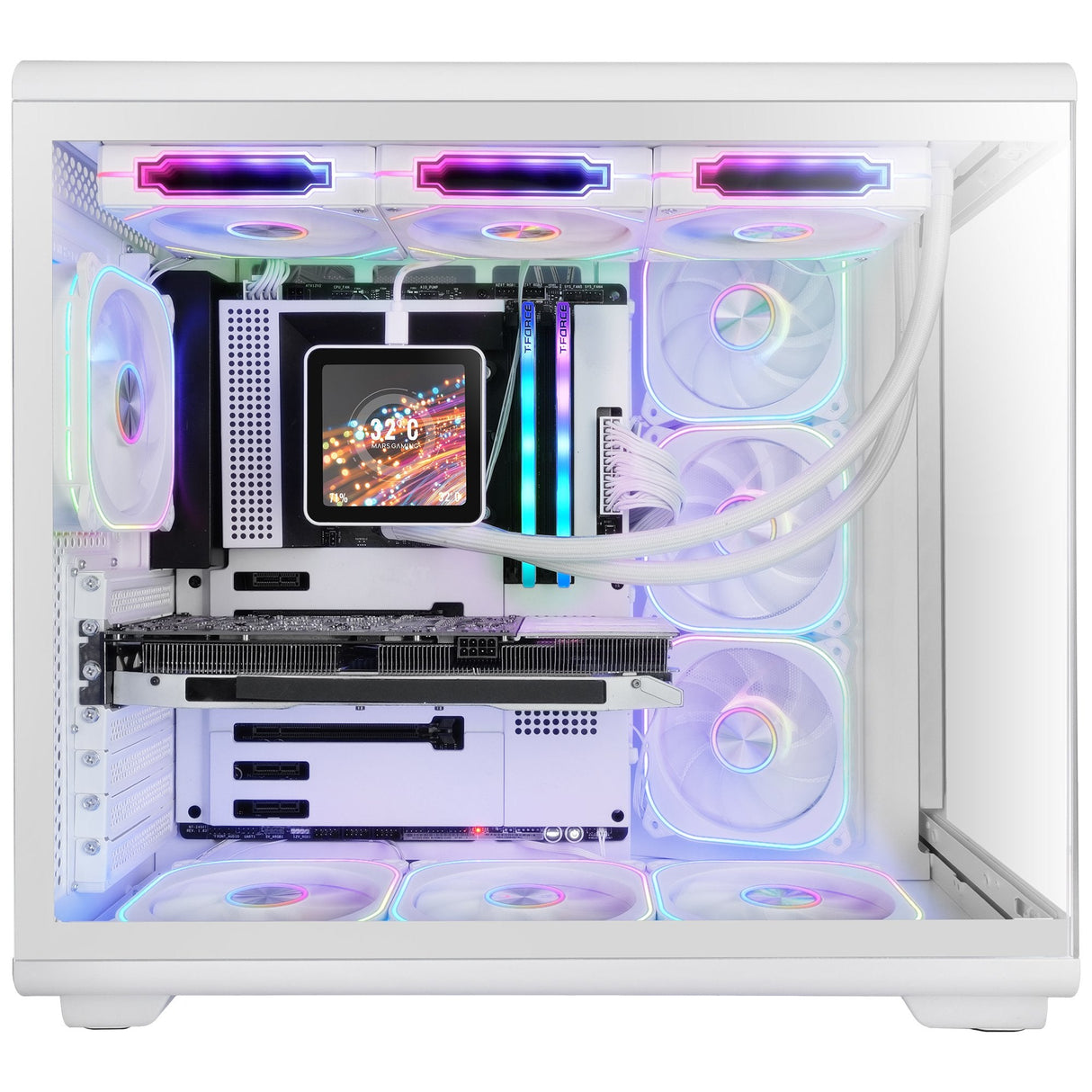 Caja Pc Atx Mars Gaming Mc-Revmaxw Pantalla Lcd 11.8" Cristal Templado 4x Ventiladores Argb Blanco