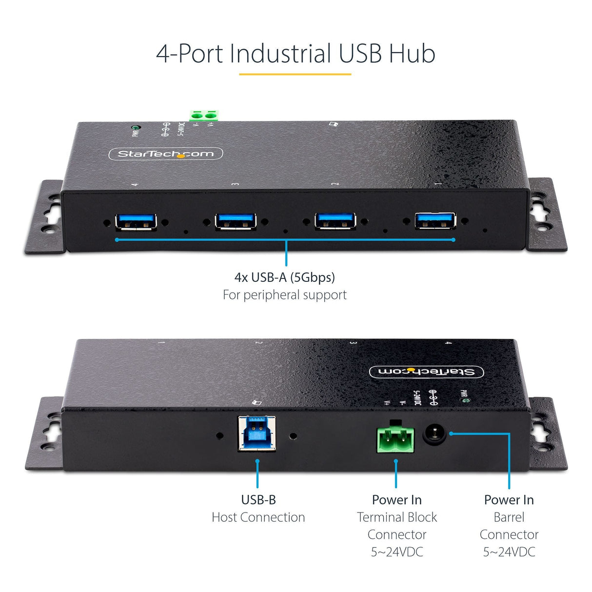 Startech Hub Industrial Usb 3.0 De 5gbps De 4 Puertos - Concentrador Usb Con Protección De Picos Y Descargas Esd - Ladrón Usb-A De Montaje En Pared/Escritorio/Din