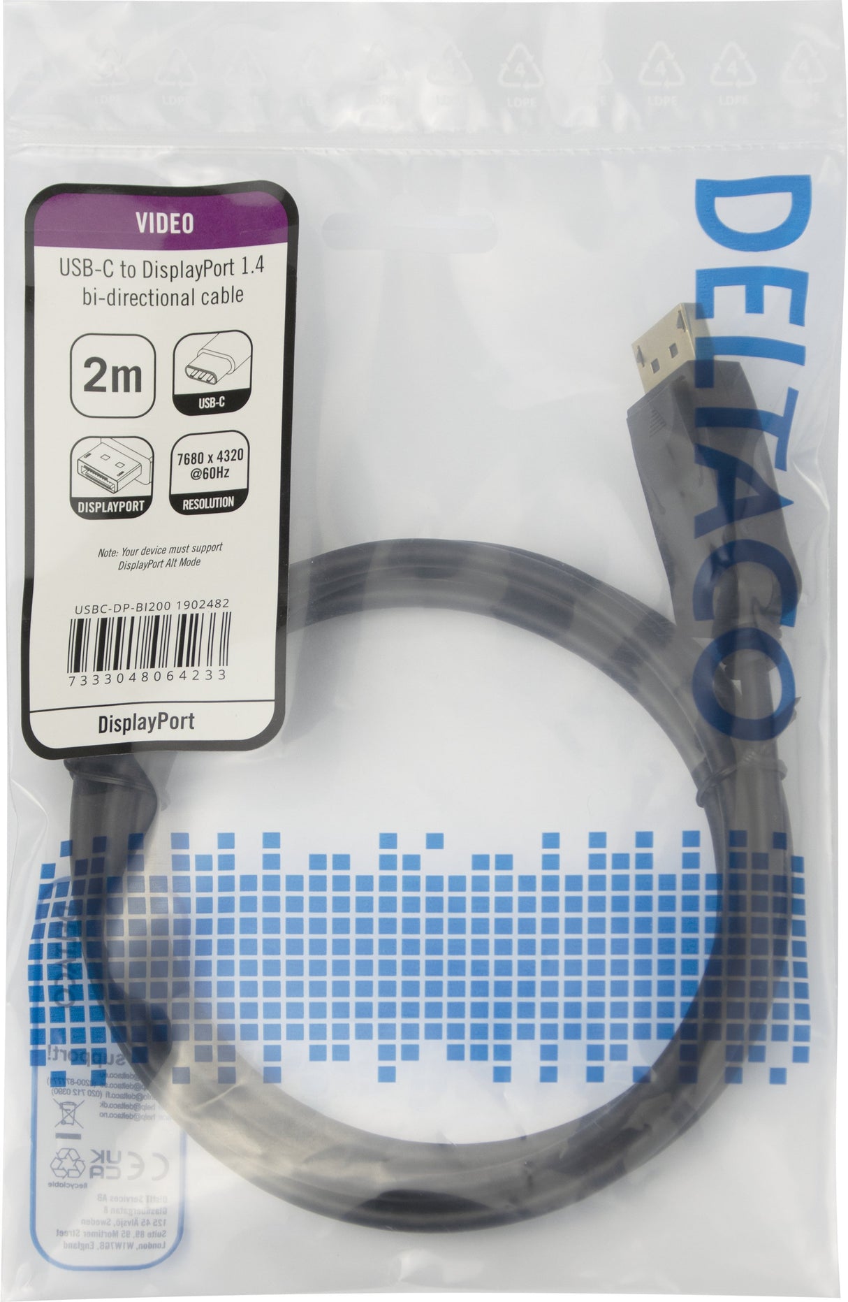 EAN 7333048064233 - Deltaco USBC-DP-BI200 cable DisplayPort 2 m Negro imagen 3