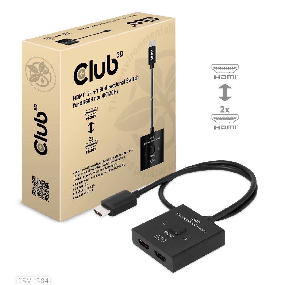 Club3d Hdmi Switch 2-In-1 Bidirektional 8k60hz 4k120hz Uhd Retail