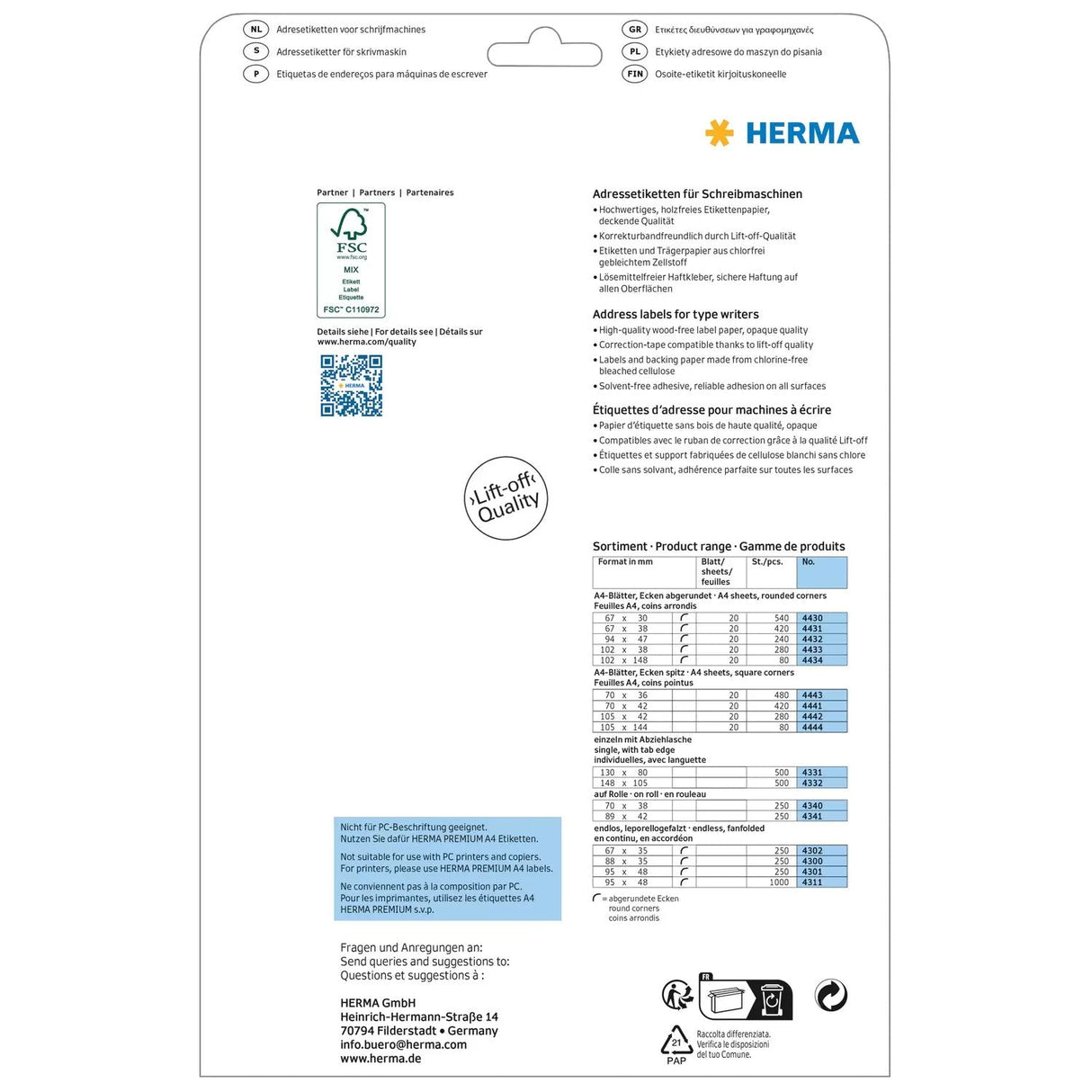 Direcciones Herma. Esquinas De Papel Redondas De 102x148 Mm 80 Piezas.