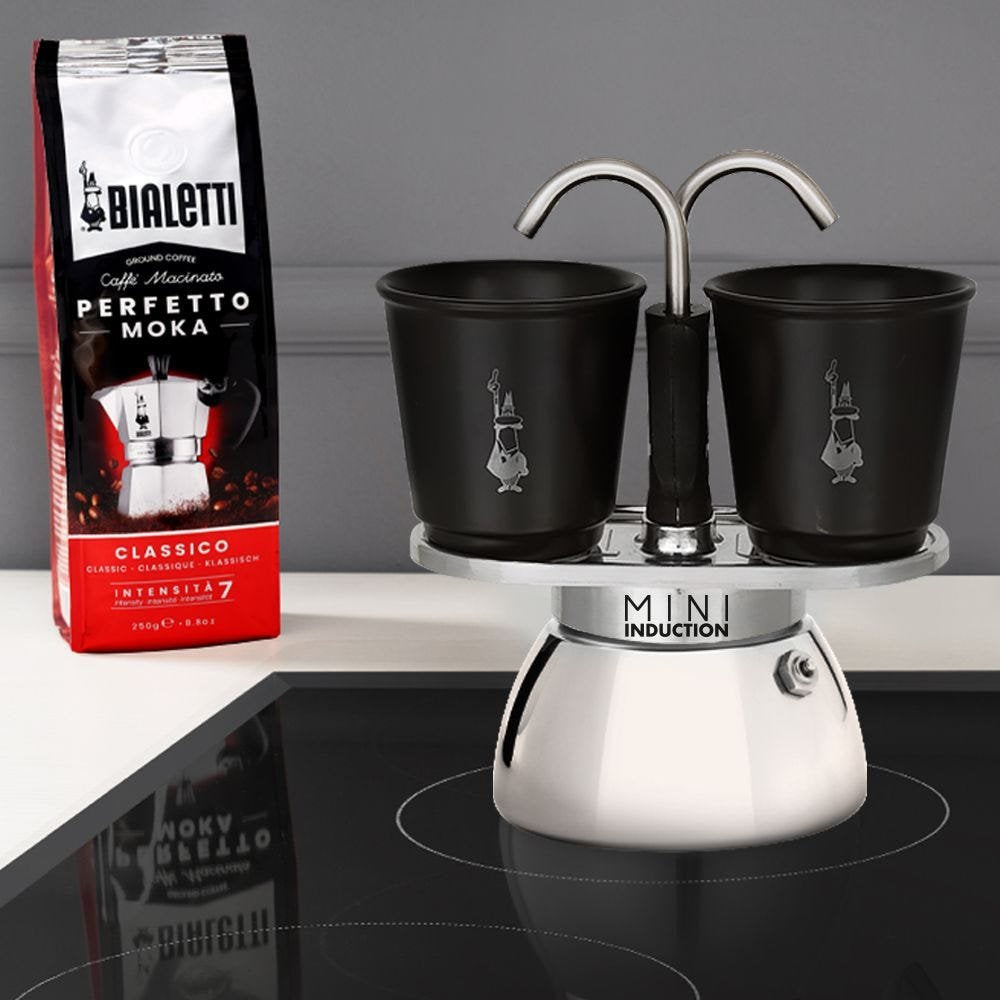 Bialetti 7310 Espressokocher Set Mini Induktion 2 Tassen + 2 Gläser Negro