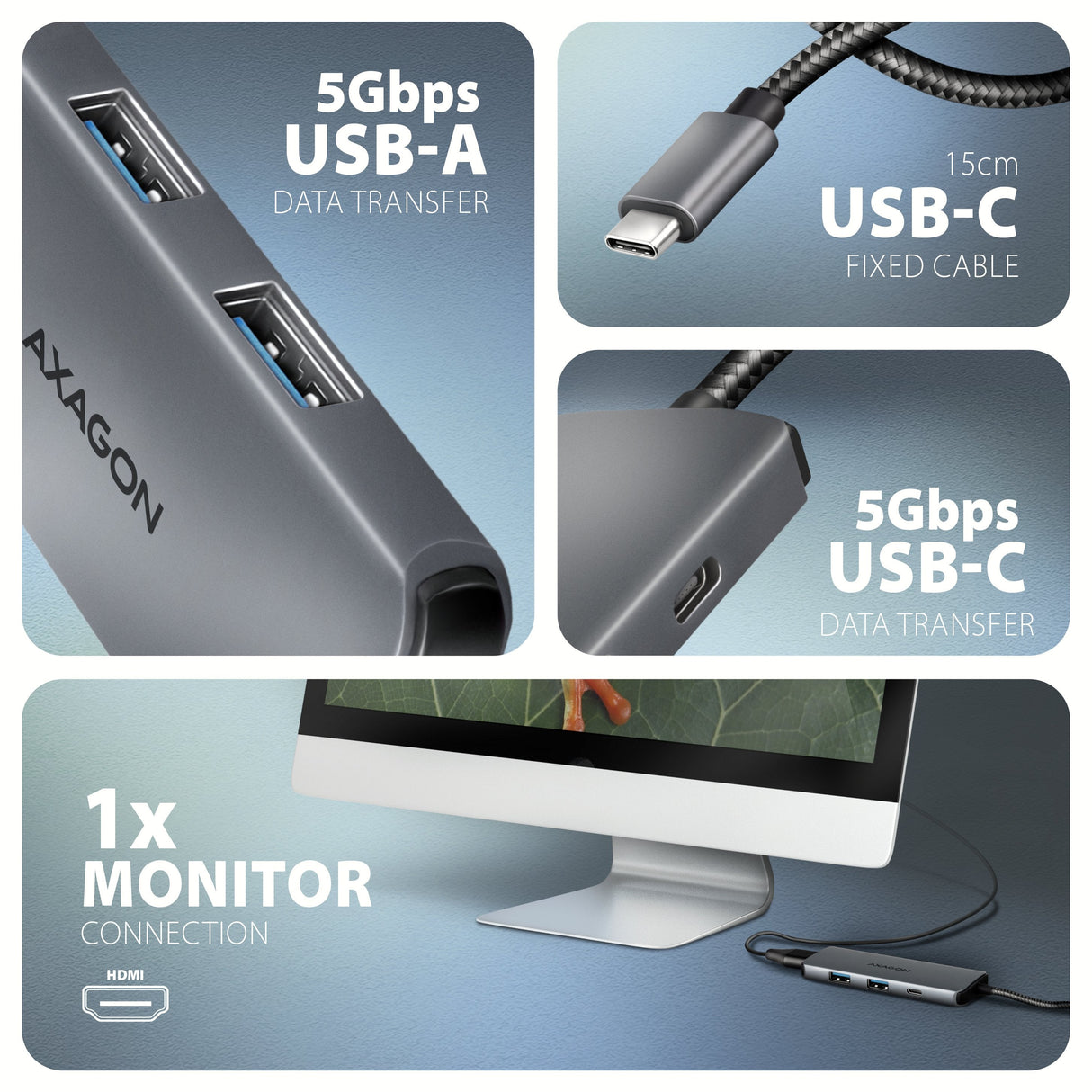 EAN 8595247907806 - Axagon HMC-5H8K USB 5Gbps hub 2x USB-A USB-C HDMI 8k/30Hz PD 100W kabel USB-C Alámbrico USB 3.2 Gen 1 (3. imagen 3