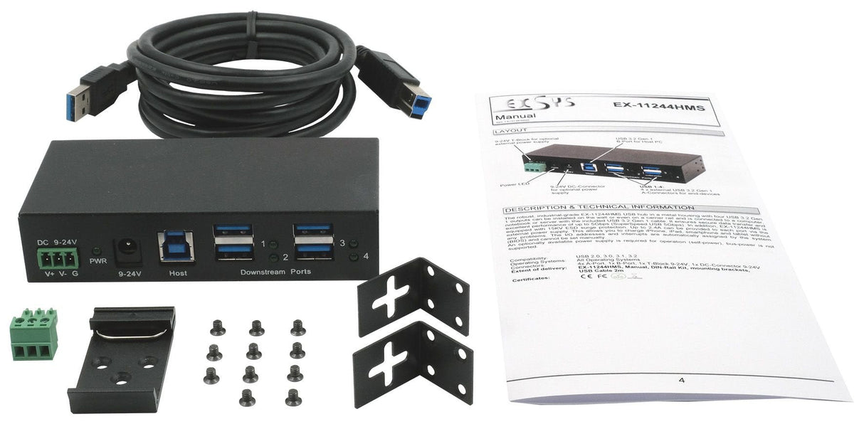 Usb 3.2 Hub 4-Port Gen1 Inkl.Usb-Kab Inkl.Usb-Cable Din-Rail-Wandmontage