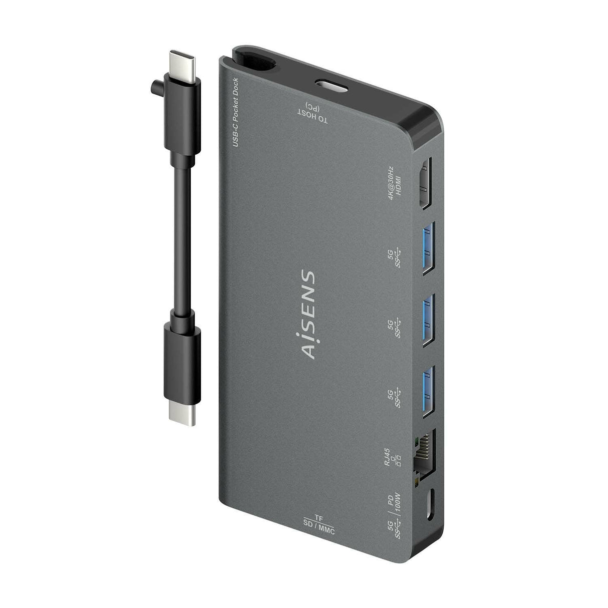 Aisens Usb-C Dock 8 En 1 - Usb-C A 1xhdmi - 1xrj45 - 3xusb-A - 1xusb-C Datos+Pd - 1xsd - 1xmicro Sd - 10cm - Gris