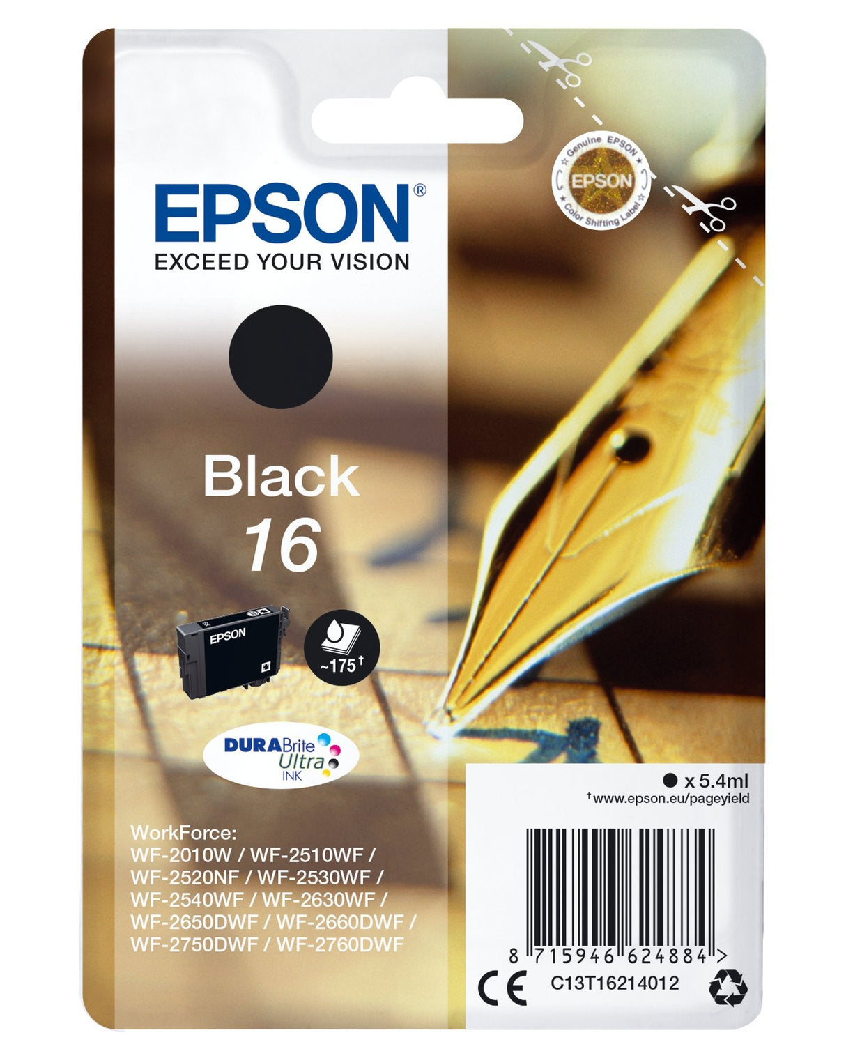 Epson 16 Cartucho De Tinta Negro Para Workforce Wf-2010, 2510, 2520, 2530, 2540, 2630, 2650, 2660, 2750, 2760