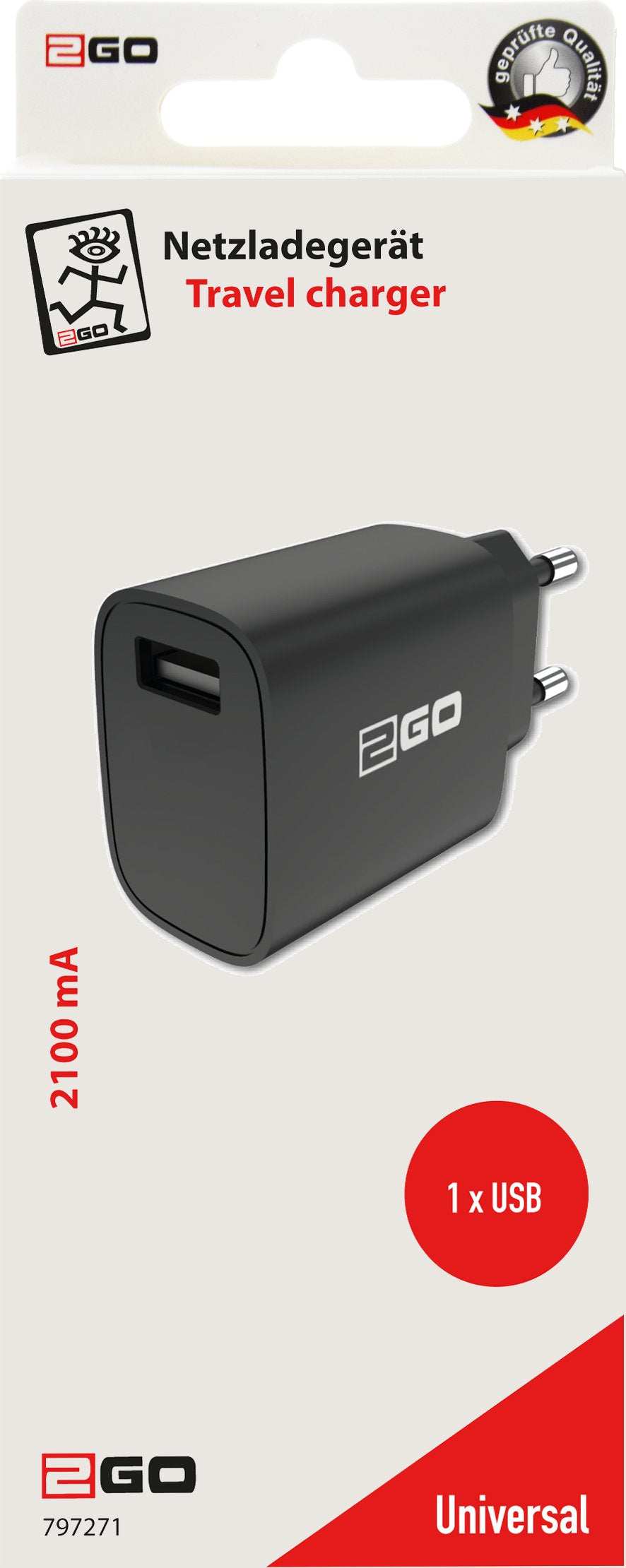 2go Cargador 240v 1xusb 2,1a Negro