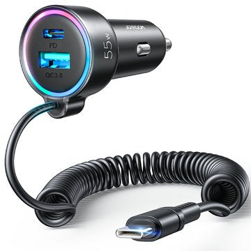 Joyroom Car Charger 3-In-1, C+U With Type-C Coiled Cable 1.5m, 55w, Black (Jr-Cl07)