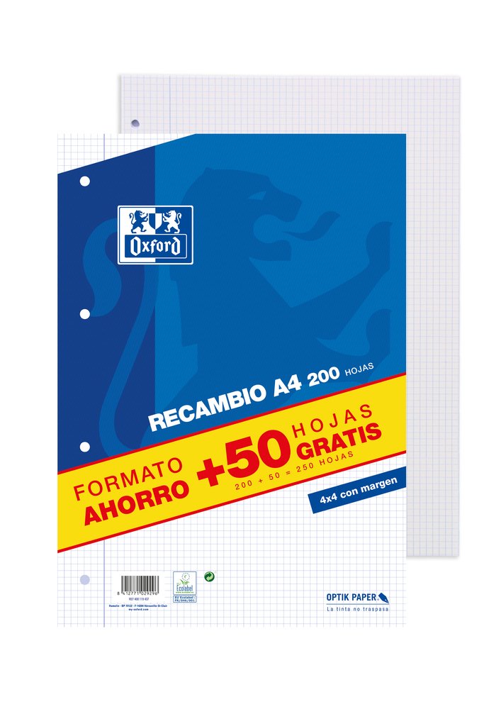 Oxford Recambio 200+50 Hojas Sueltas Microperforadas 4x4 Con Margen A4