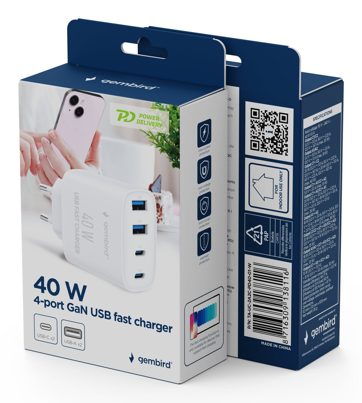 Cargador Gembird Rápido Usb Pd 4 Puertos 40 W Gan