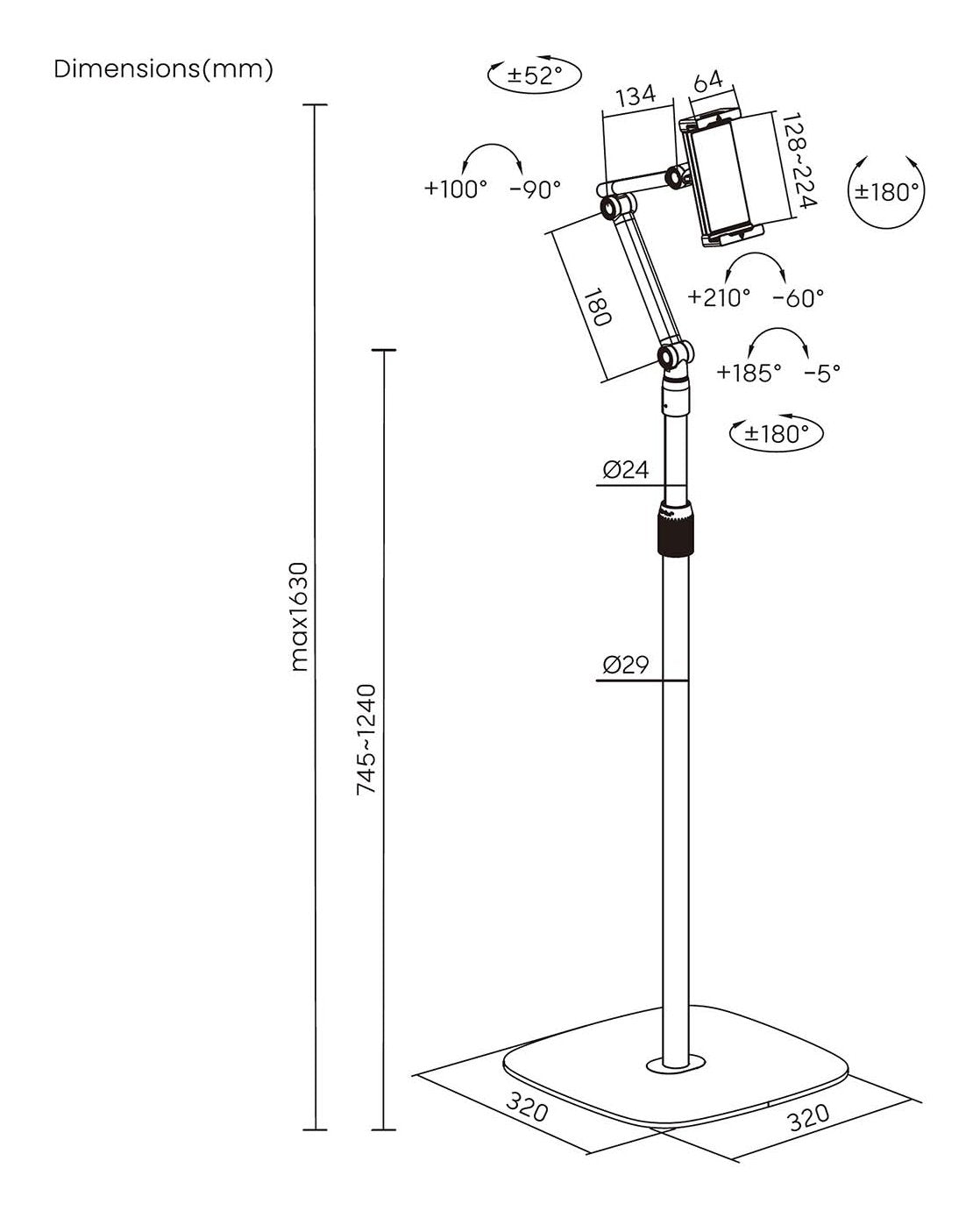 Aisens - Soporte De Suelo Universal Ajustable (3 Pivotes) Para Tablet, Negro