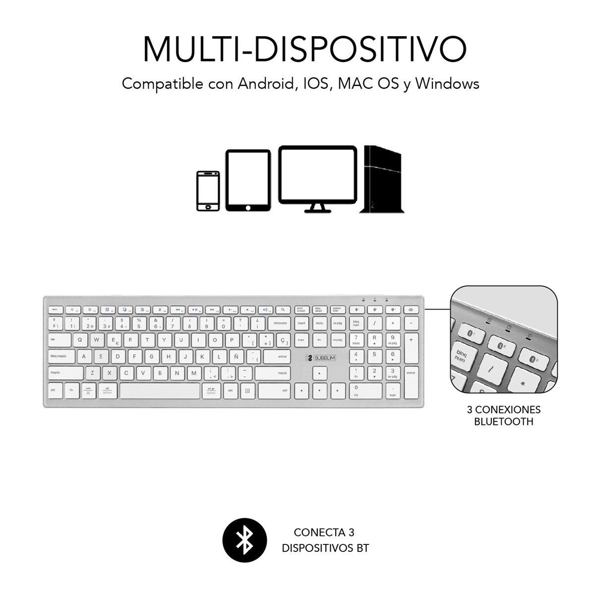 Teclado Español Pure Extended Silver Subblim Bluetooth 5.1/ Multidispositivo Hasta 3 Dispositivos