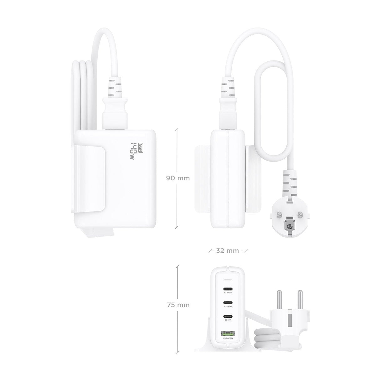 Aisens Cargador Sobremesa Gan 140w, 3xusb-C Pd3.1 Qc4.0 Qc5.0, 1xusb-A Qc3.0, Blanco